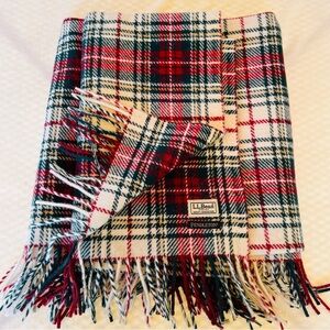 Pendleton LLBean Wool Plaid Fringe Throw Stadium Blanket Red Cream Green Tan
